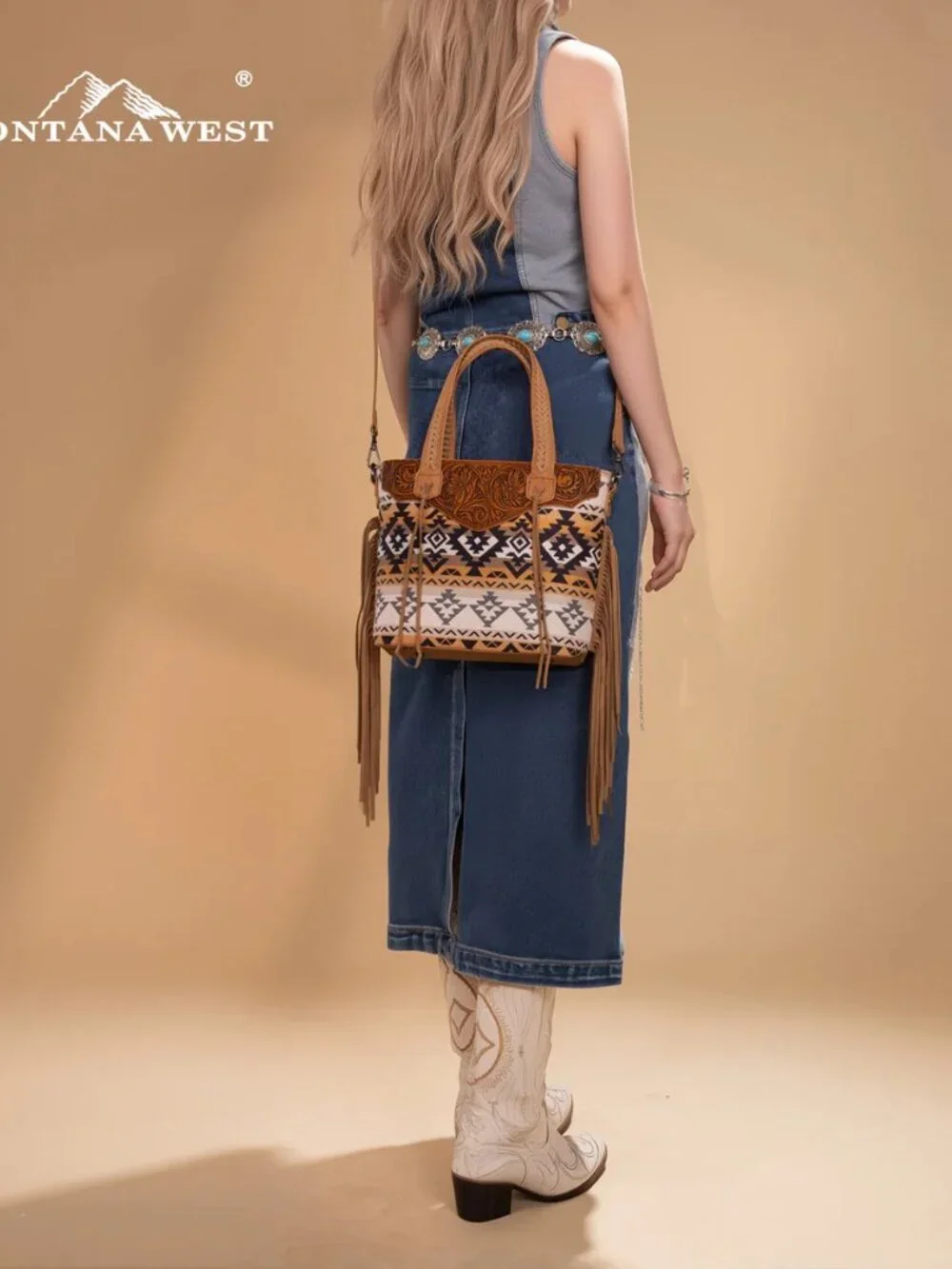 Montana West Tooled Aztec Tote/Crossbody with Wallet Set - Tan